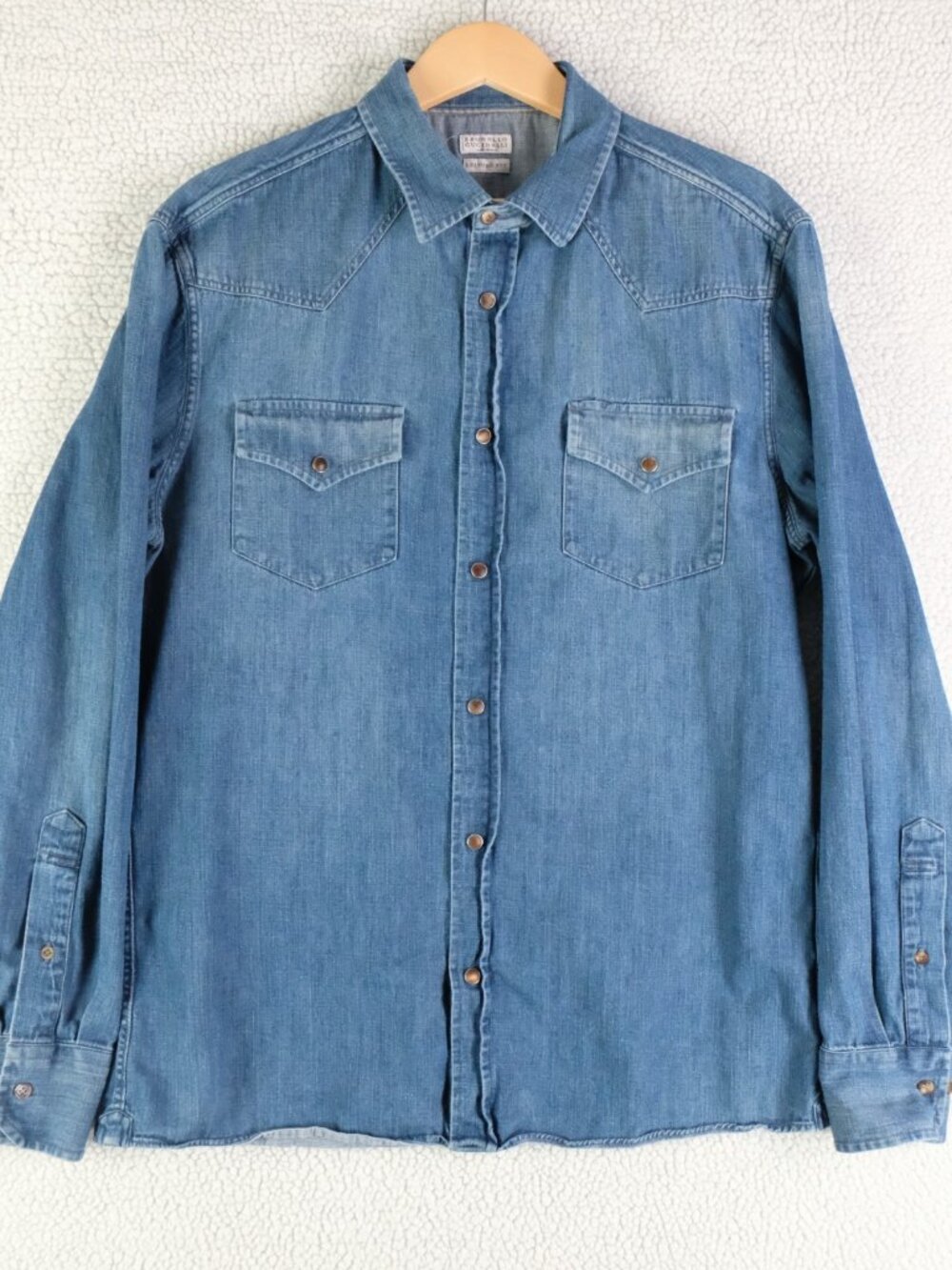 Brunello Cucinelli Western Shirt Mens Extra Large Blue Pearl Snap Denim Heavy